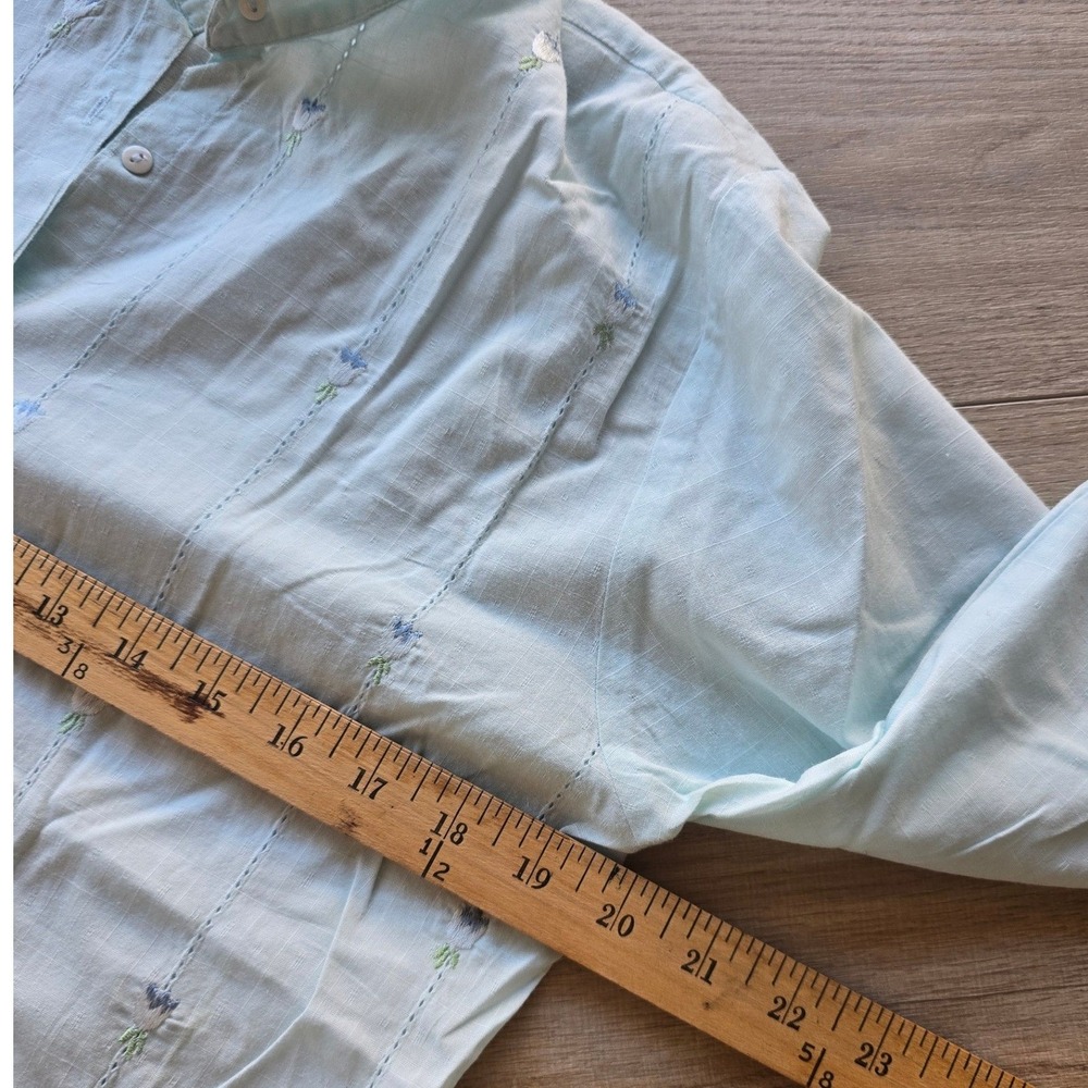 Eileen Parker Women's Button-Up Blouse Small Mint Blue Embroidered Floral Cotton - Picture 8 of 10